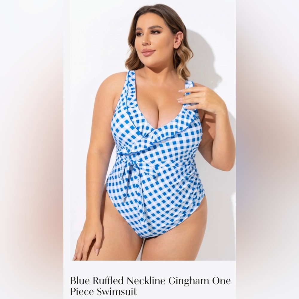 MeetCurve Gingham Ruffle Neck One Piece 2X
